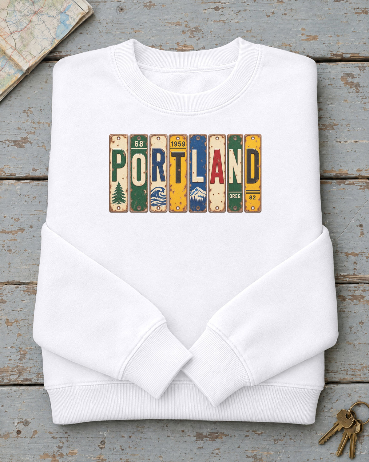 Portland, Oregon vintage license plate sweatshirt in White