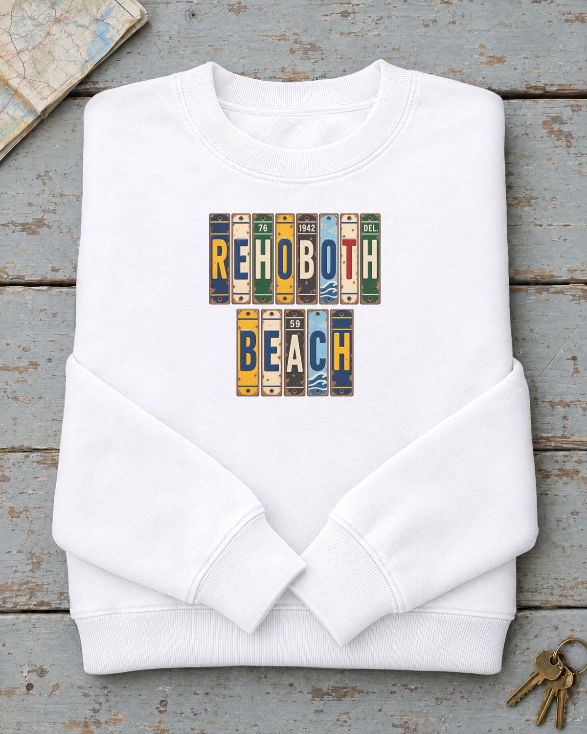 Rehoboth Beach, Delaware vintage license plate sweatshirt in White