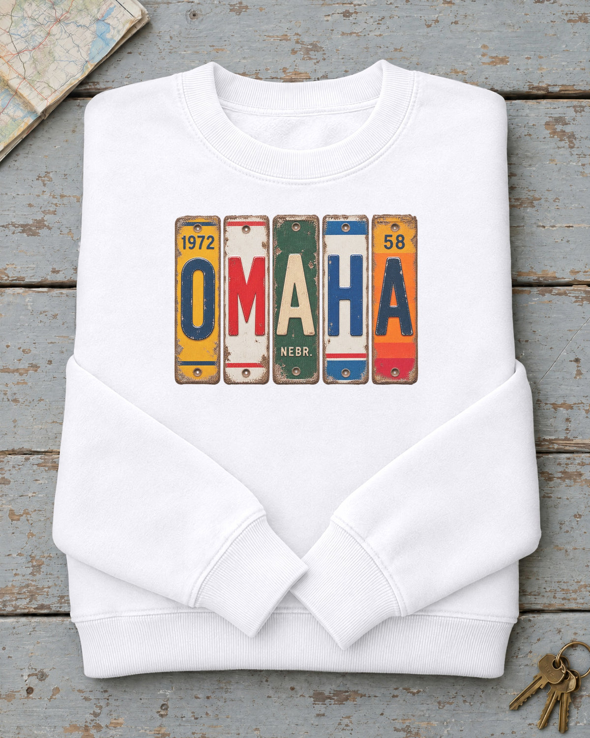 Omaha, Nebraska vintage license plate sweatshirt in White