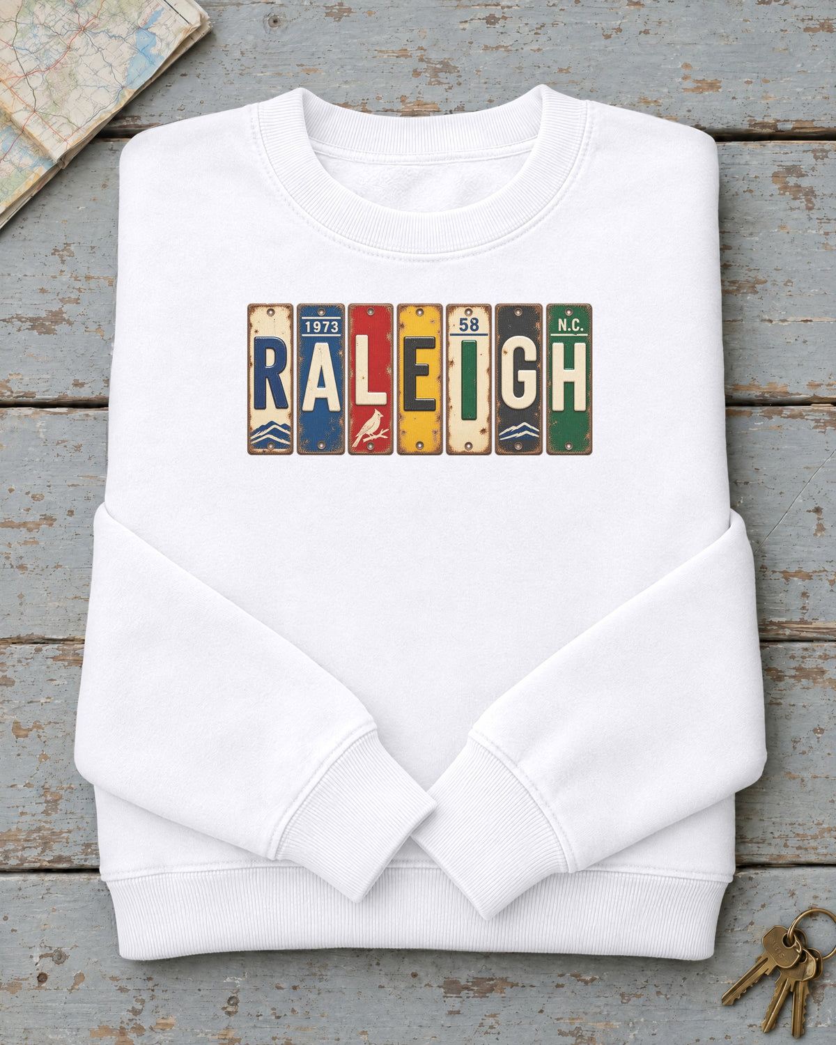 Raleigh, North Carolina vintage license plate sweatshirt in White