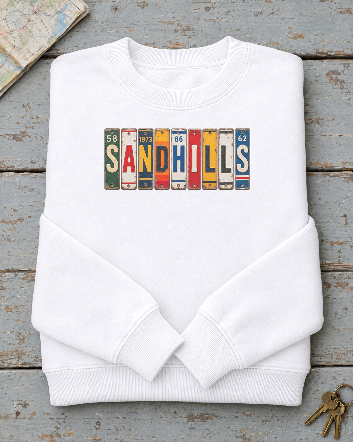 Sandhills, Nebraska vintage license plate sweatshirt in White