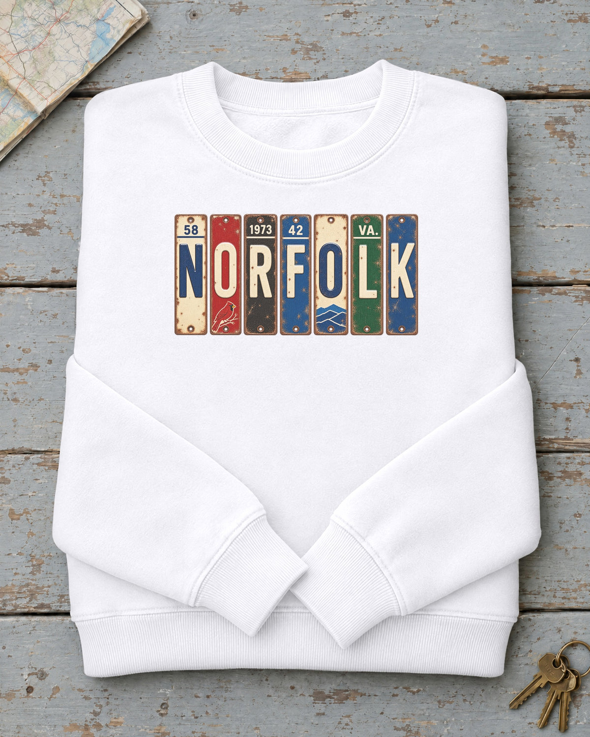 Norfolk, Virginia vintage license plate sweatshirt in White
