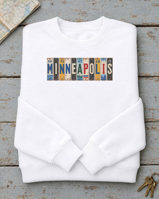Minneapolis, Minnesota vintage license plate sweatshirt in White