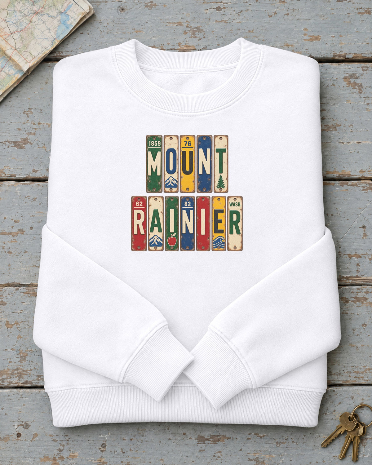 Mount Rainier, Washington vintage license plate sweatshirt in White