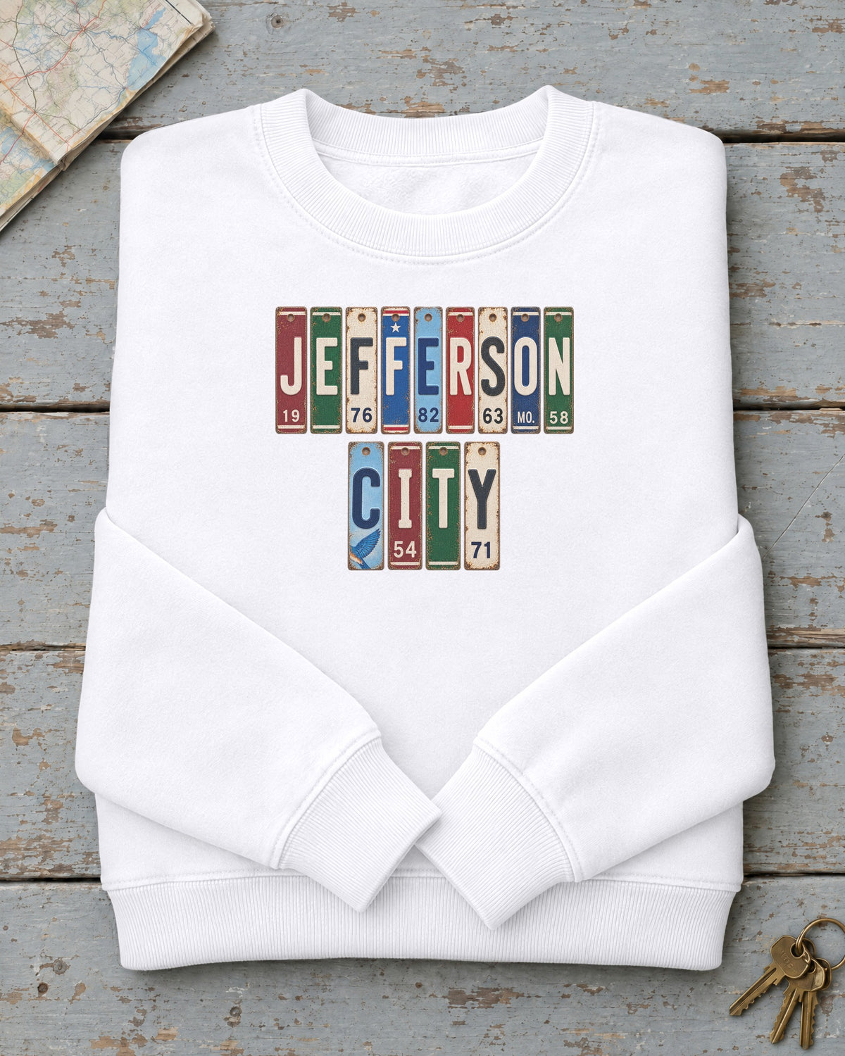 Jefferson City, Missouri vintage license plate sweatshirt in White
