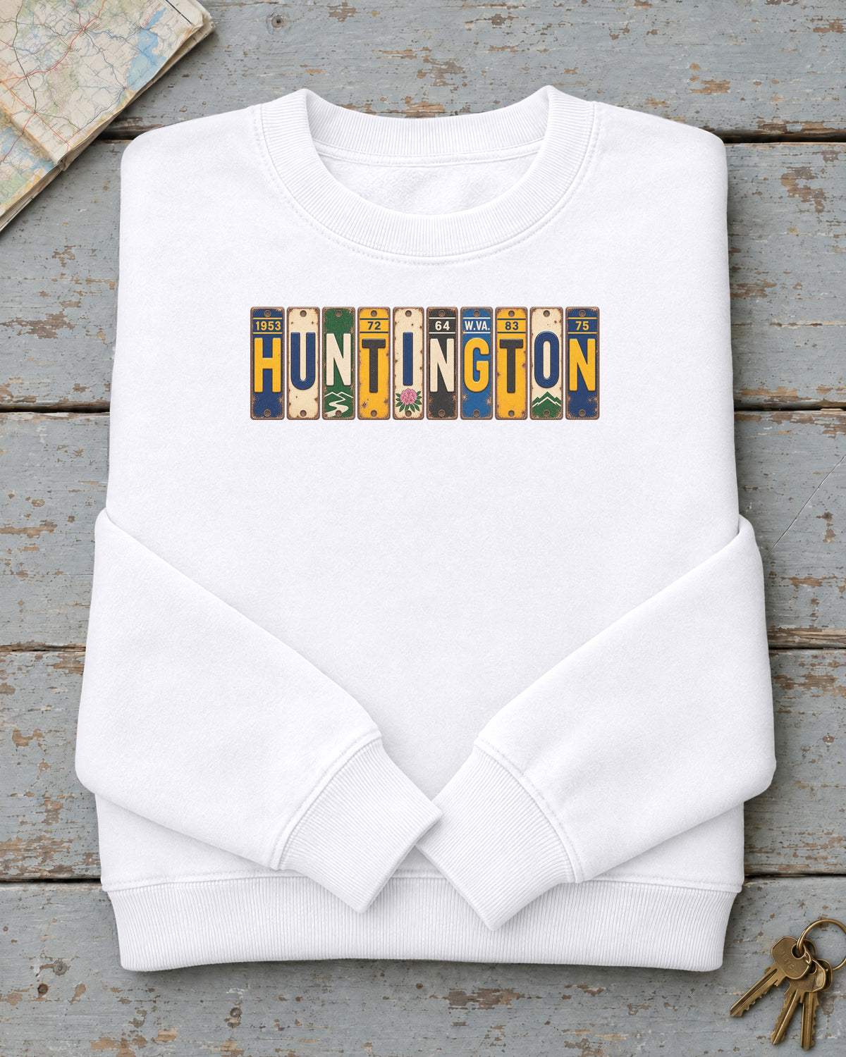 Huntington, West Virginia vintage license plate sweatshirt in White