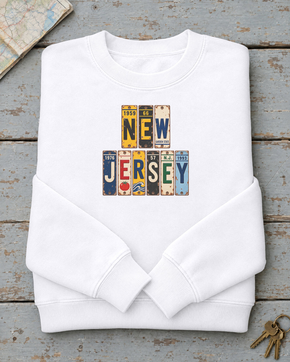 New Jersey vintage license plate sweatshirt in White