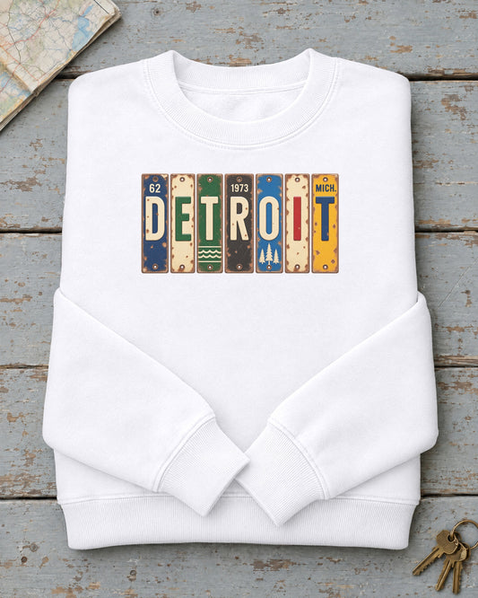 Detroit, Michigan vintage license plate sweatshirt in White