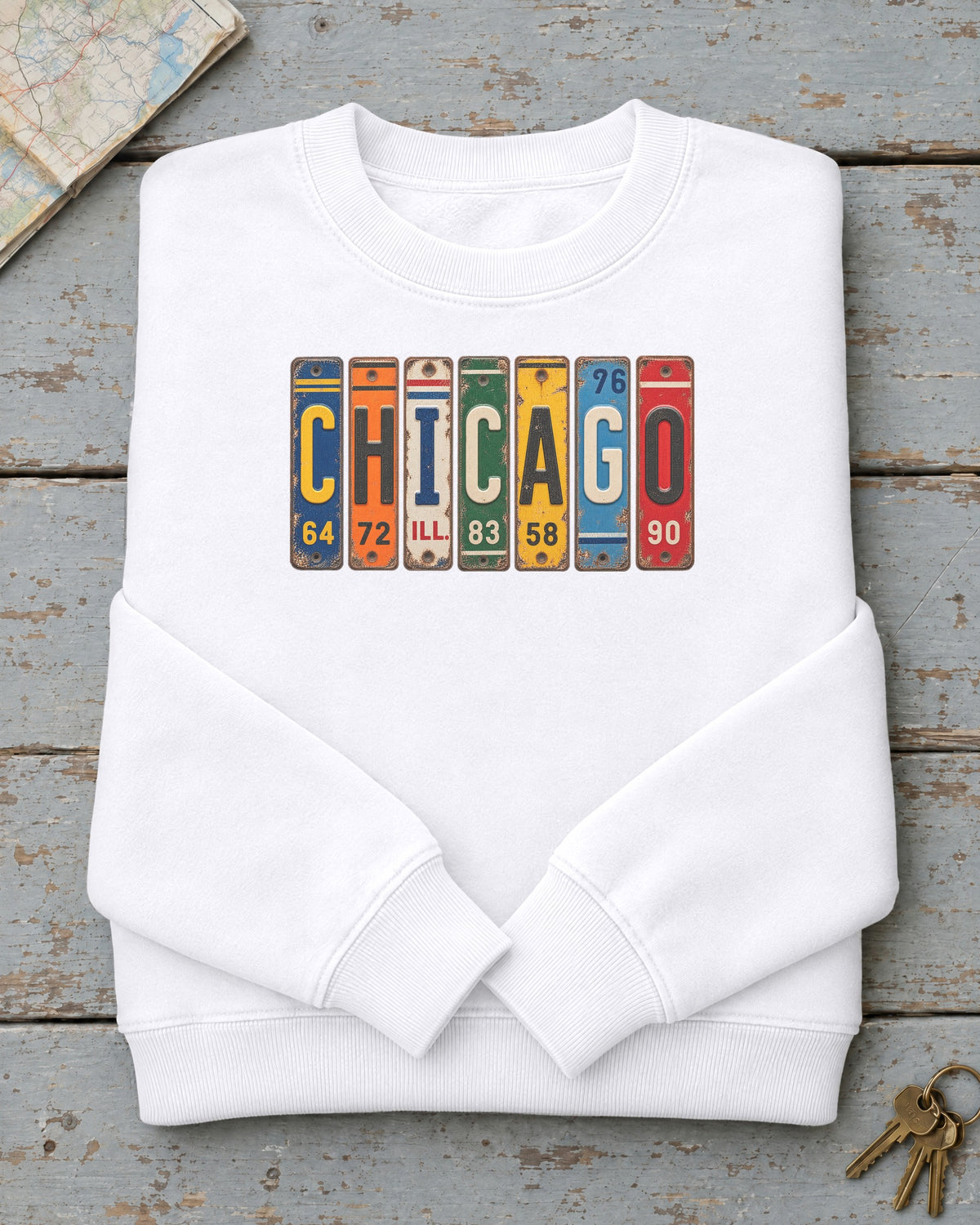 Chicago, Illinois vintage license plate sweatshirt in White