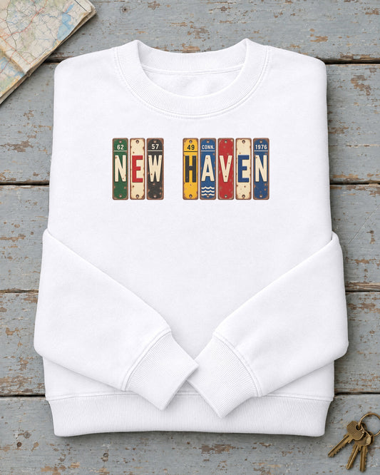 New Haven, Connecticut vintage license plate sweatshirt in White