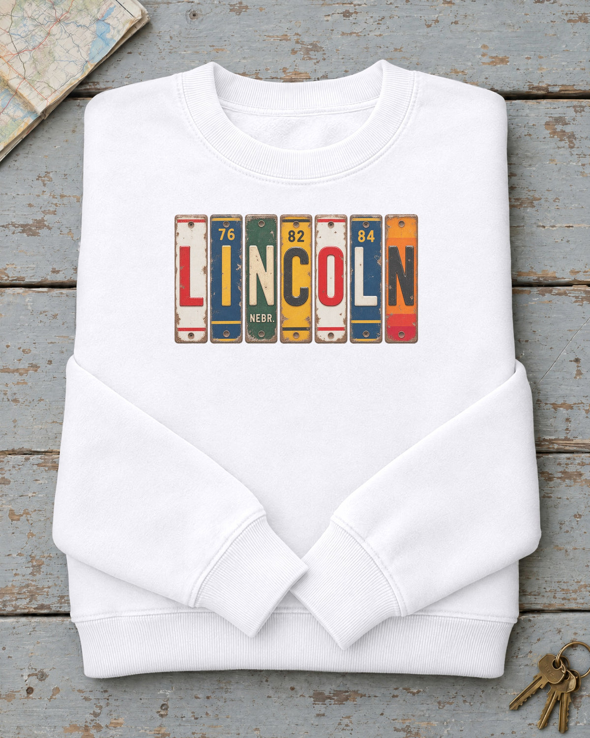Lincoln, Nebraska vintage license plate sweatshirt in White