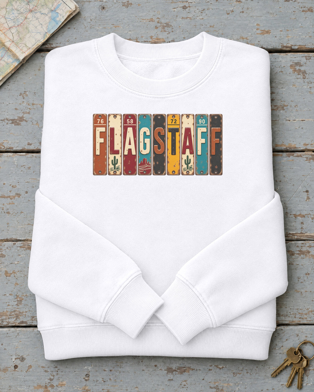 Flagstaff, Arizona vintage license plate sweatshirt in White