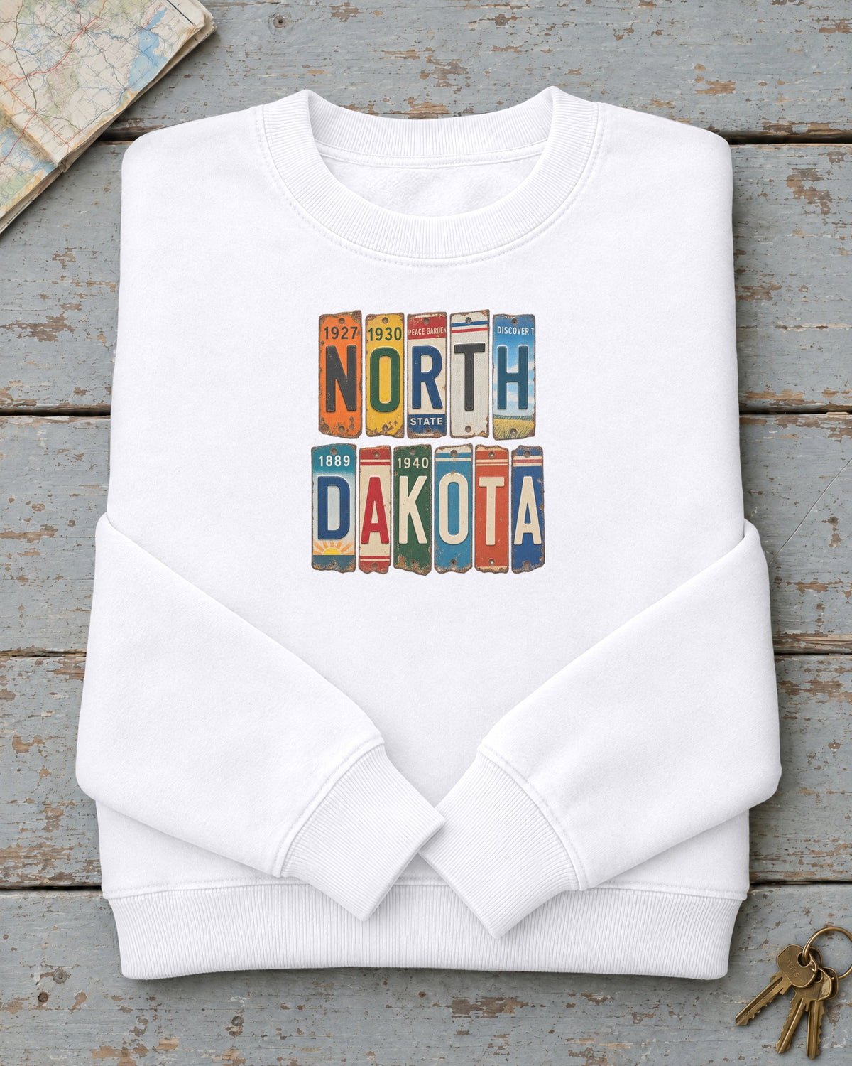 North Dakota vintage license plate sweatshirt in White