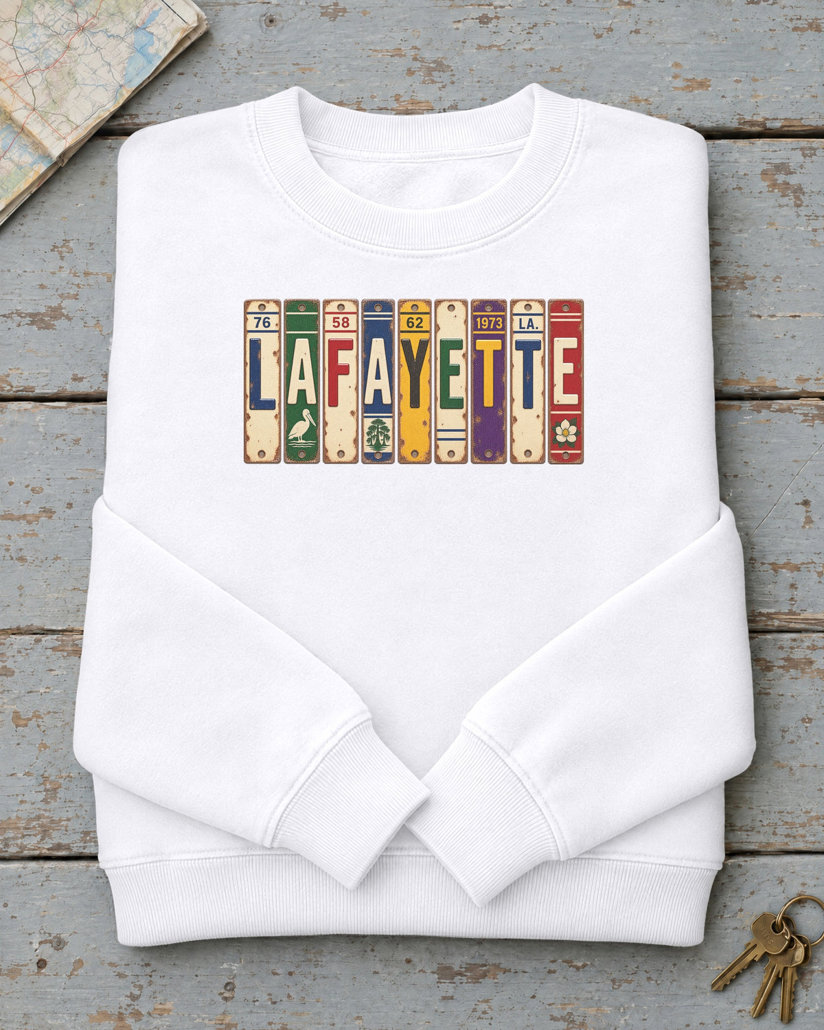Lafayette, Louisiana vintage license plate sweatshirt in White