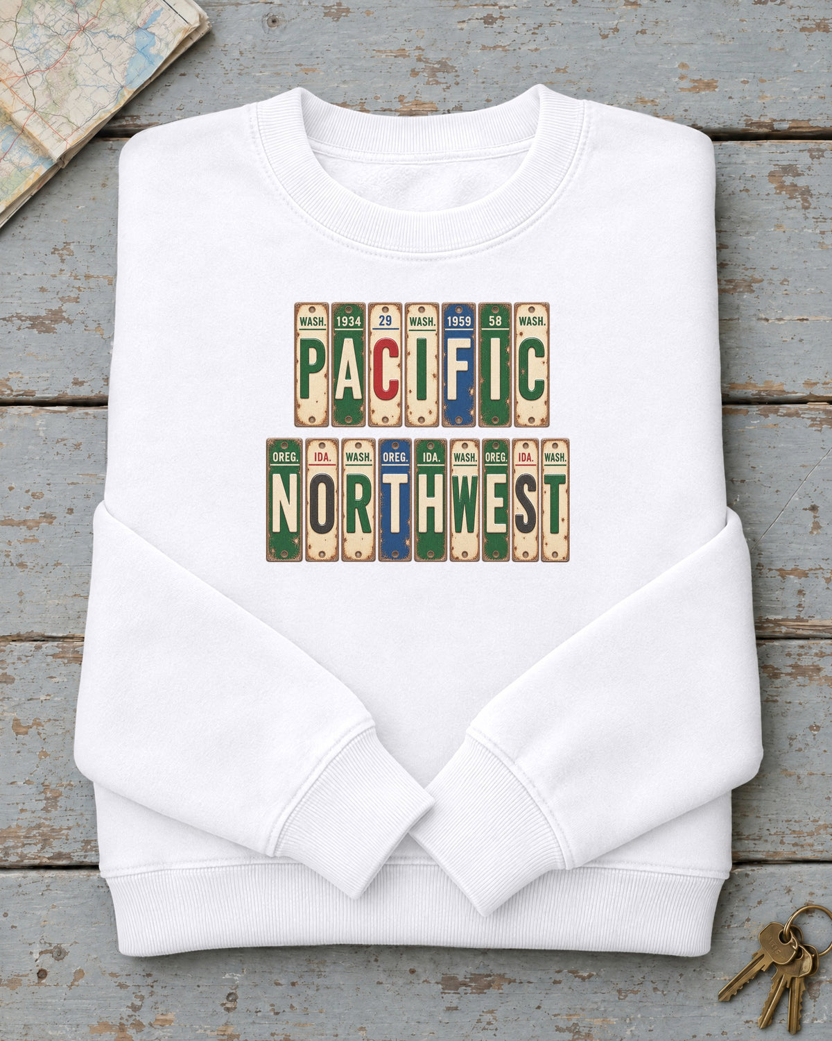 Pacific Northwest vintage license plate sweatshirt in White