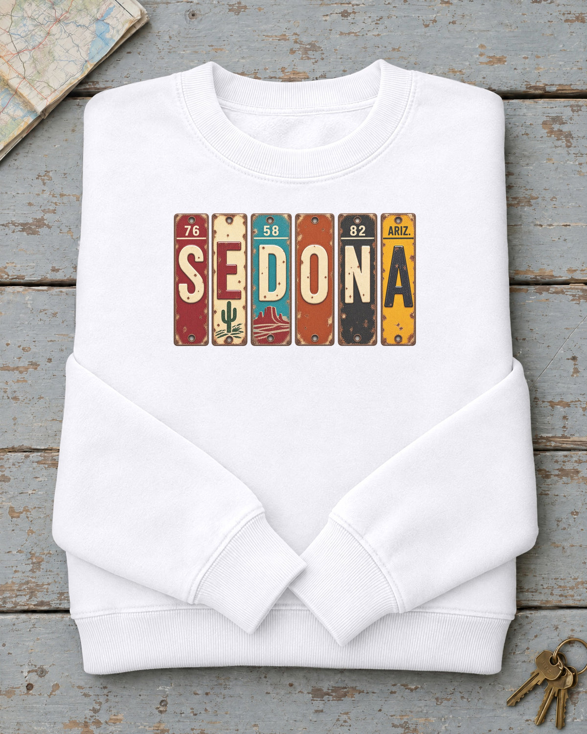 Sedona, Arizona vintage license plate sweatshirt in White