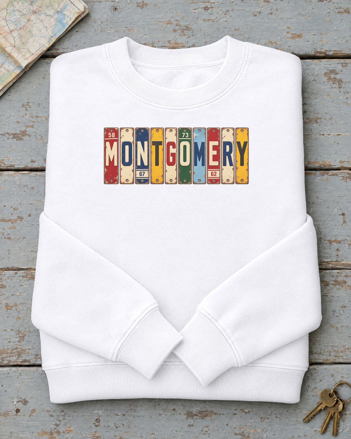Montgomery, Alabama vintage license plate sweatshirt in White