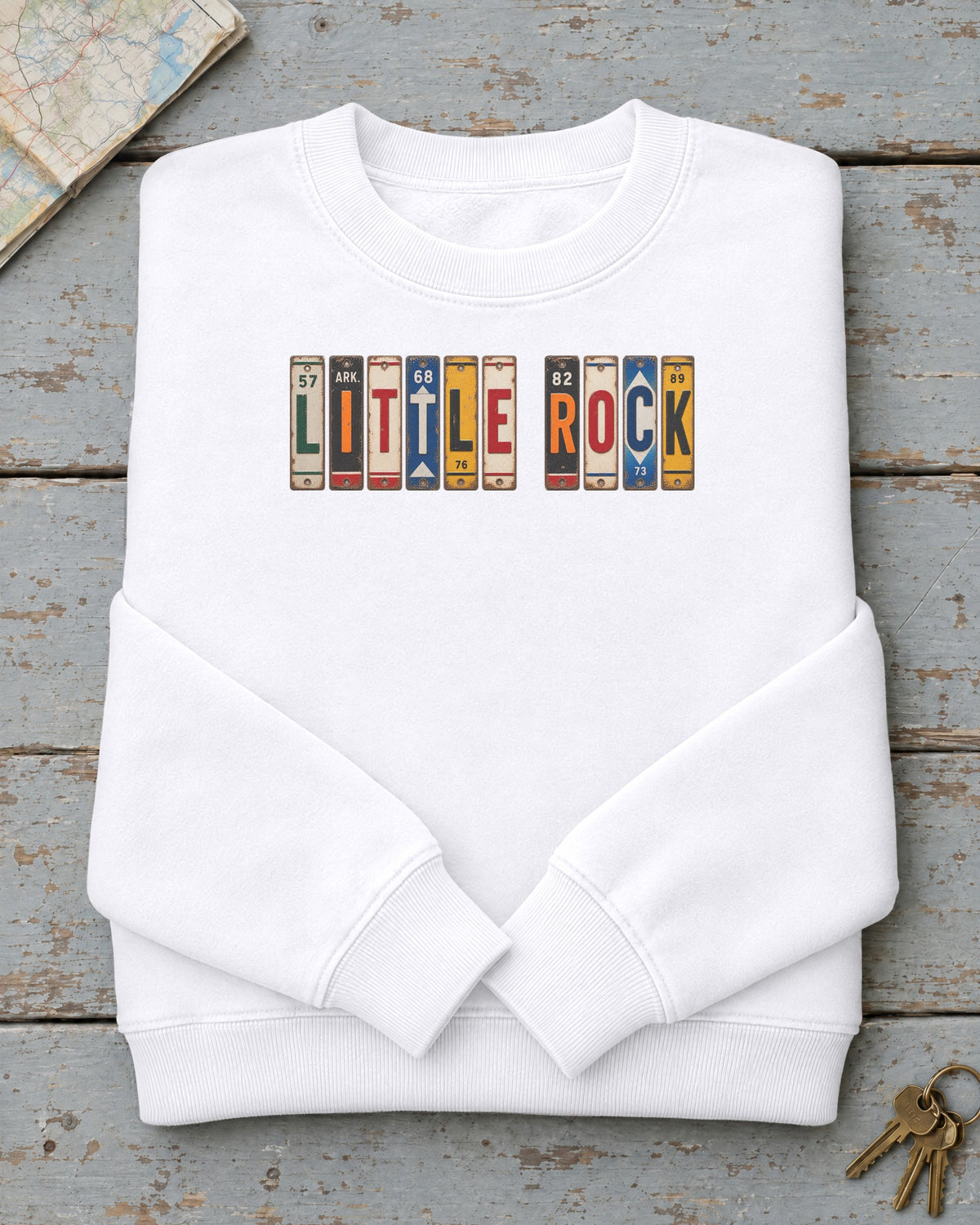 Little Rock, Arkansas vintage license plate sweatshirt in White