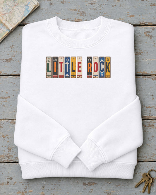Little Rock, Arkansas vintage license plate sweatshirt in White