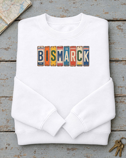 Bismarck, North Dakota vintage license plate sweatshirt in White