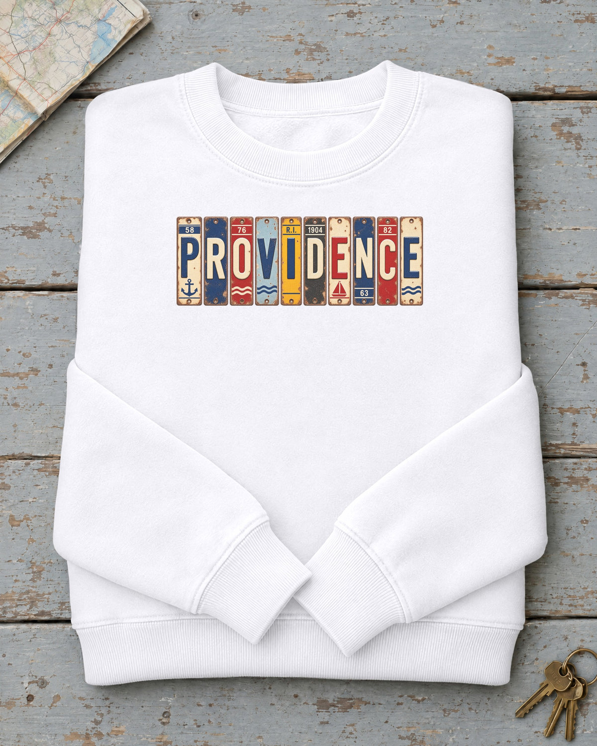 Providence, Rhode Island vintage license plate sweatshirt in White