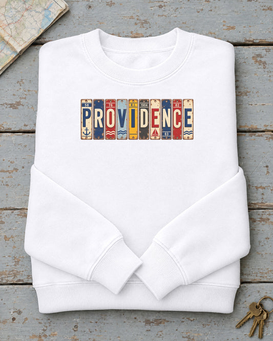Providence, Rhode Island vintage license plate sweatshirt in White