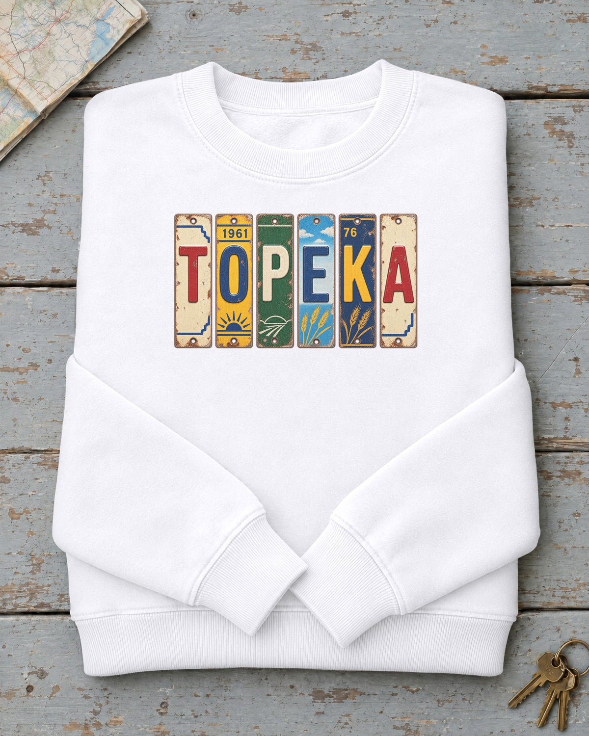 Topeka, Kansas vintage license plate sweatshirt in White
