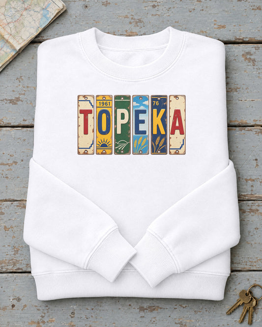 Topeka, Kansas vintage license plate sweatshirt in White