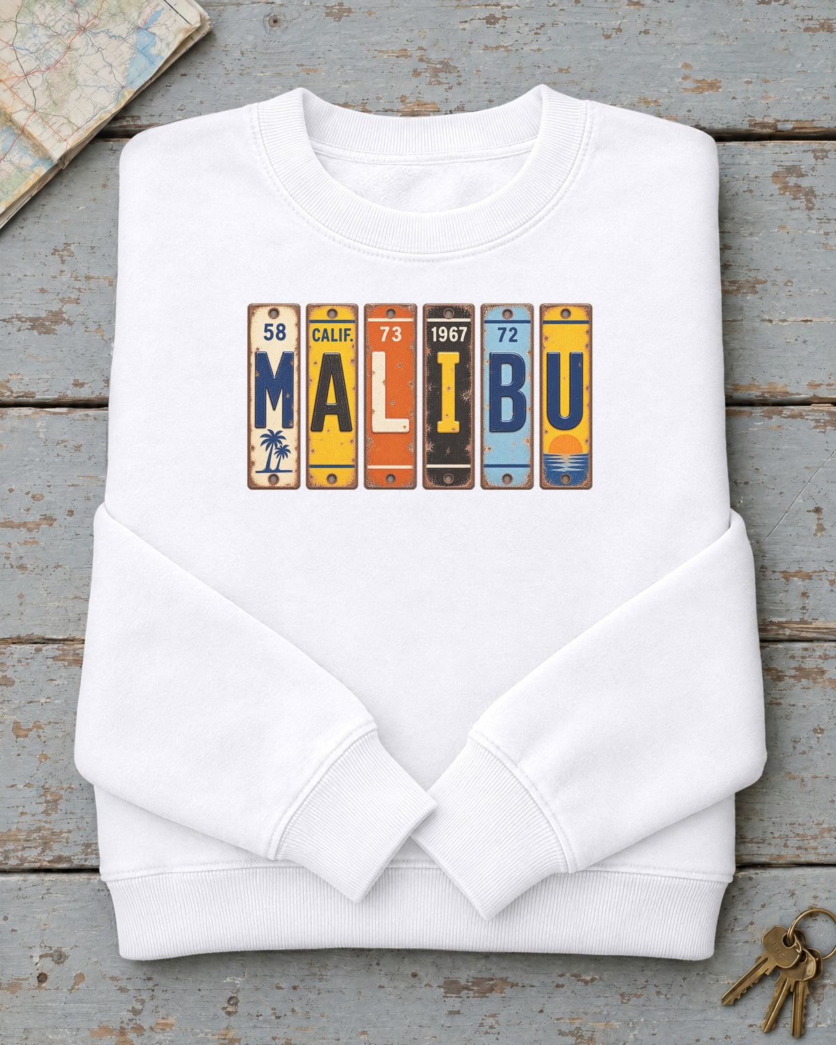 Malibu, California vintage license plate sweatshirt in White