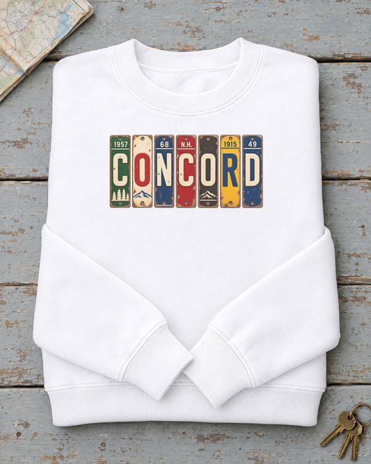 Concord, New Hampshire vintage license plate sweatshirt in White