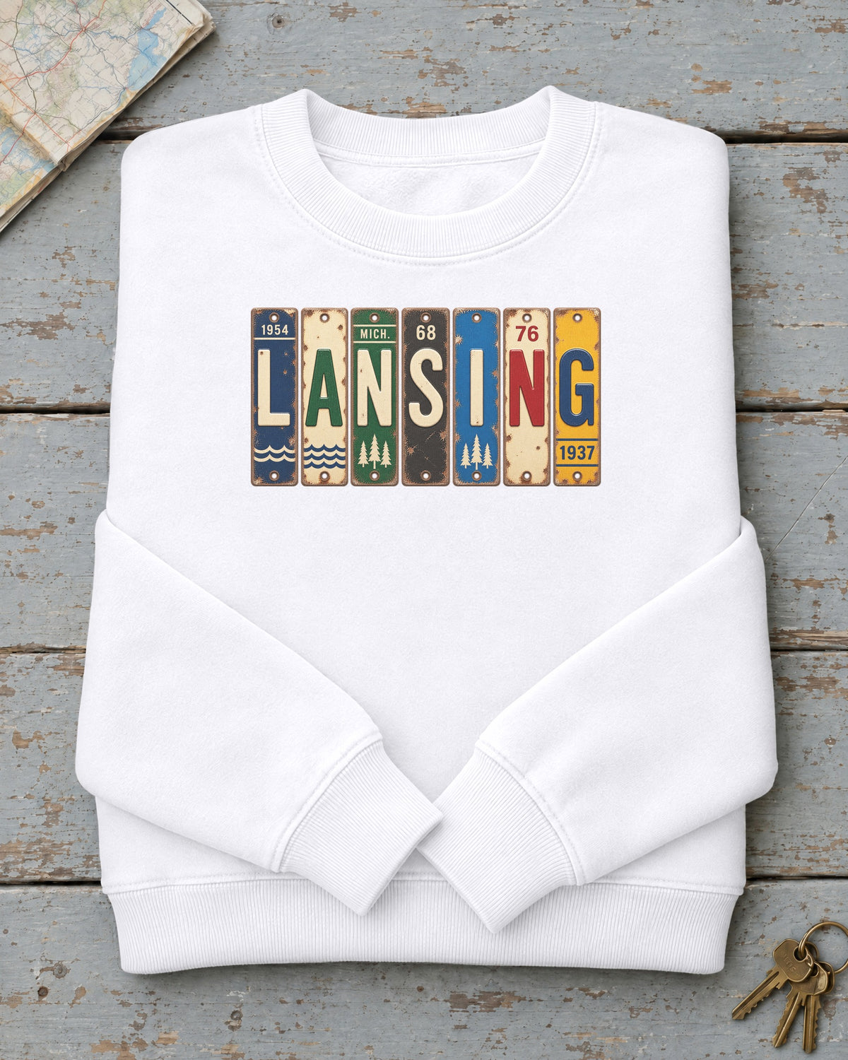Lansing, Michigan vintage license plate sweatshirt in White