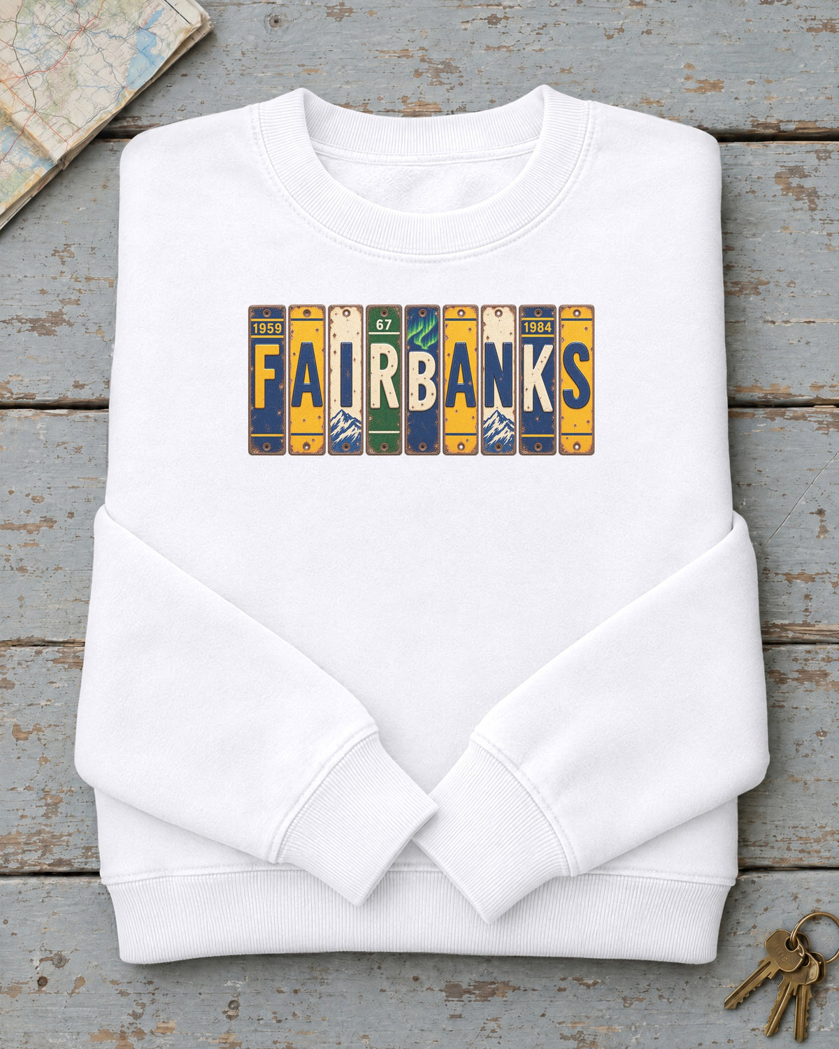 Fairbanks, Alaska vintage license plate sweatshirt in White