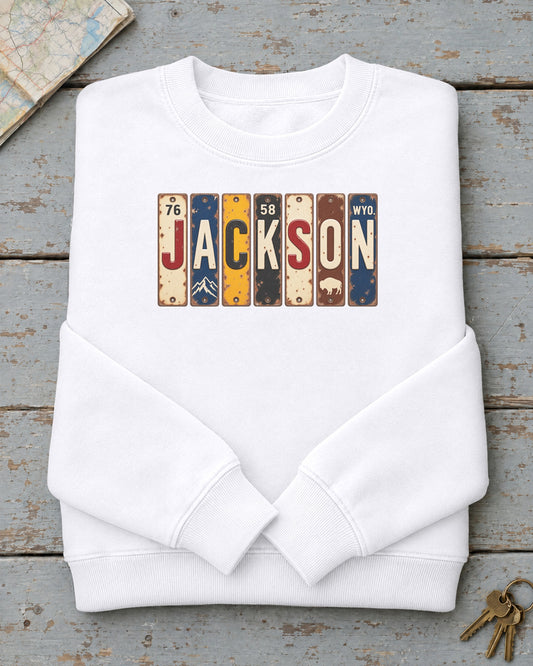 Jackson, Wyoming vintage license plate sweatshirt in White