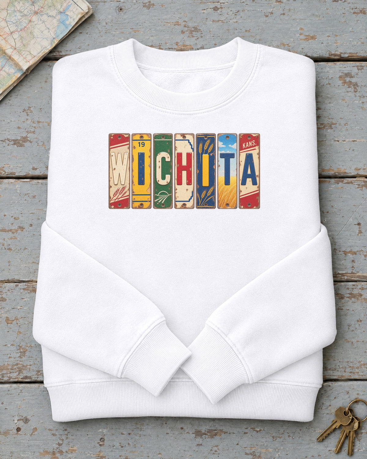 Wichita, Kansas vintage license plate sweatshirt in White
