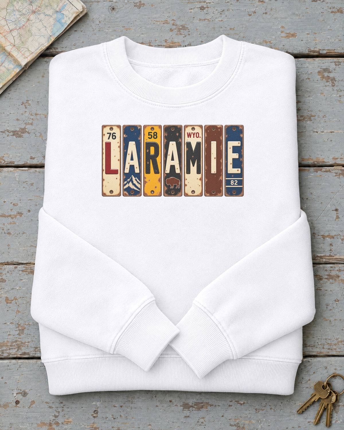 Laramie, Wyoming vintage license plate sweatshirt in White