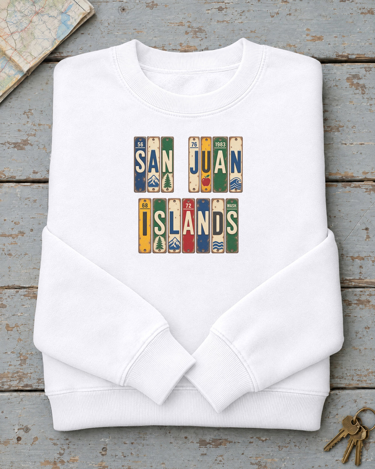 San Juan Islands, Washington vintage license plate sweatshirt in White