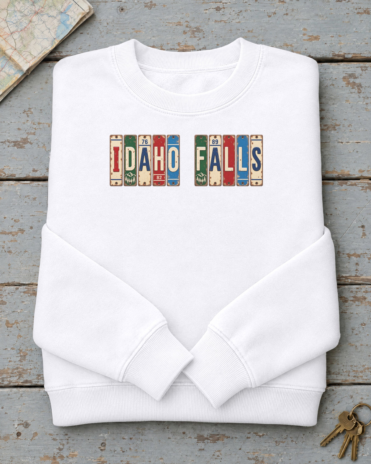 Idaho Falls, Idaho vintage license plate sweatshirt in White