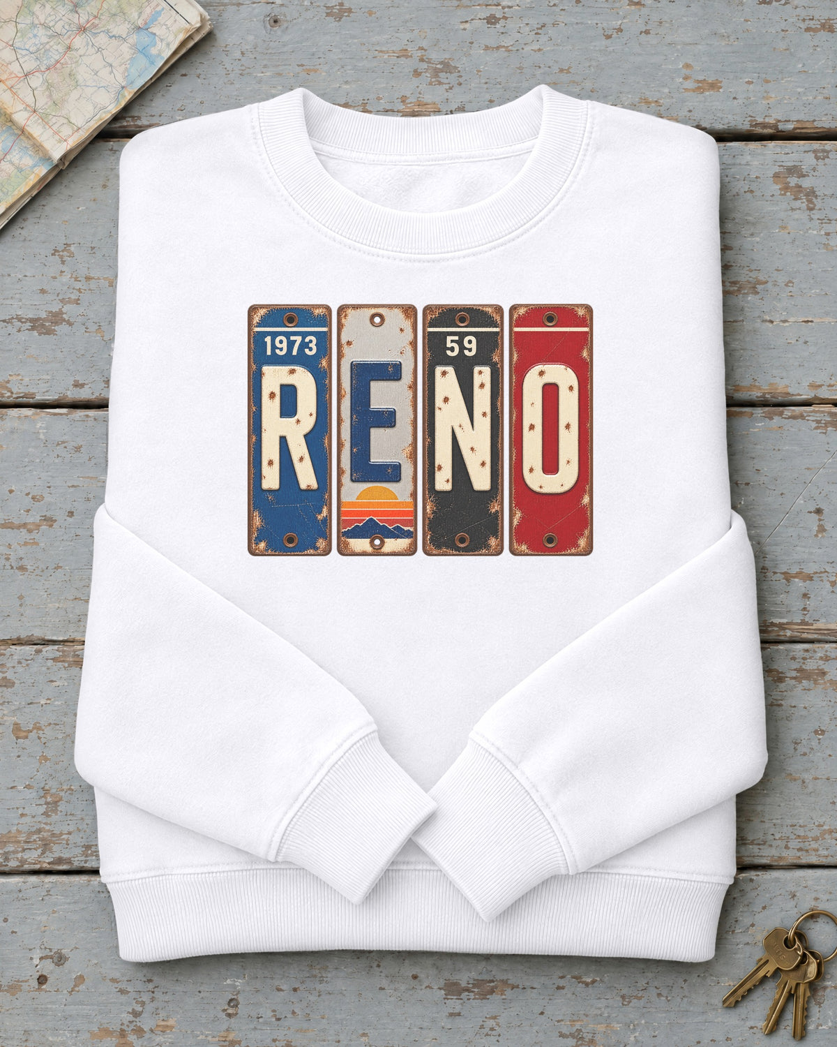 Reno, Nevada vintage license plate sweatshirt in White