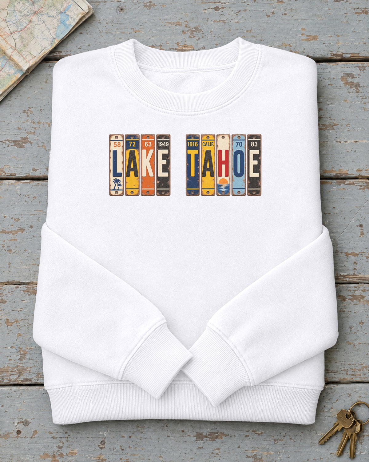 Lake Tahoe, California vintage license plate sweatshirt in White