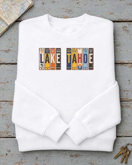 Lake Tahoe, California vintage license plate sweatshirt in White