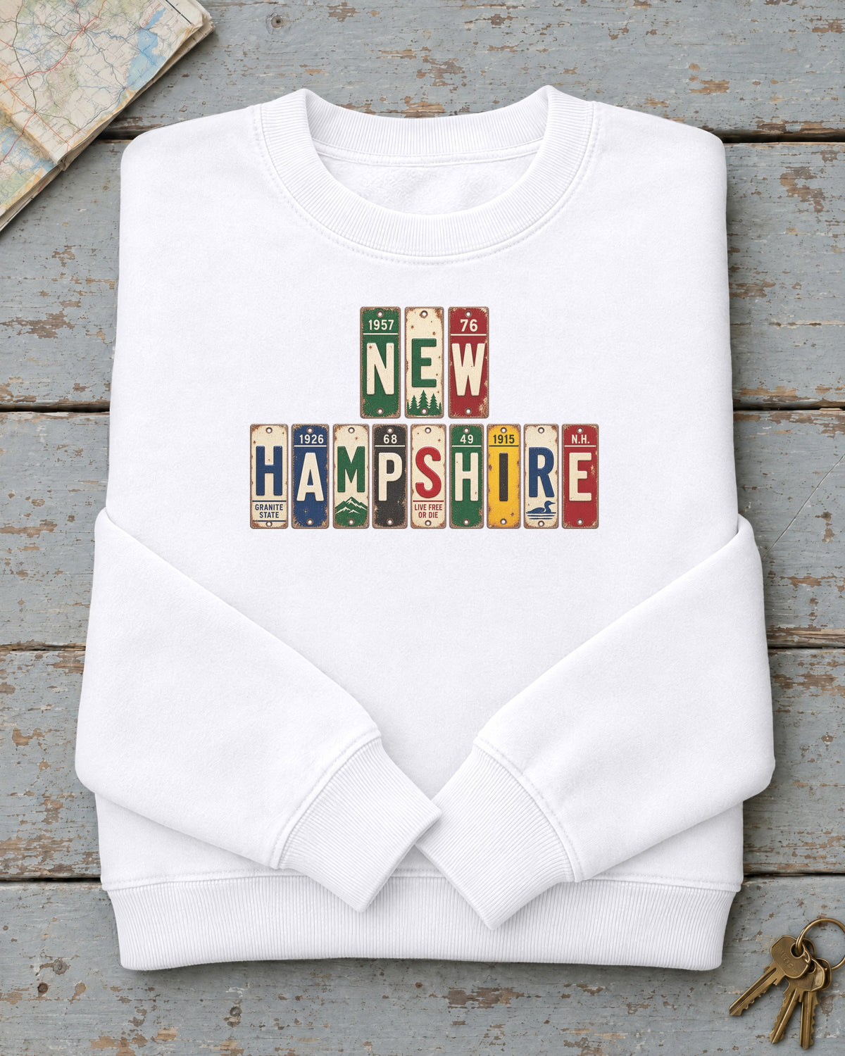 New Hampshire vintage license plate sweatshirt in White