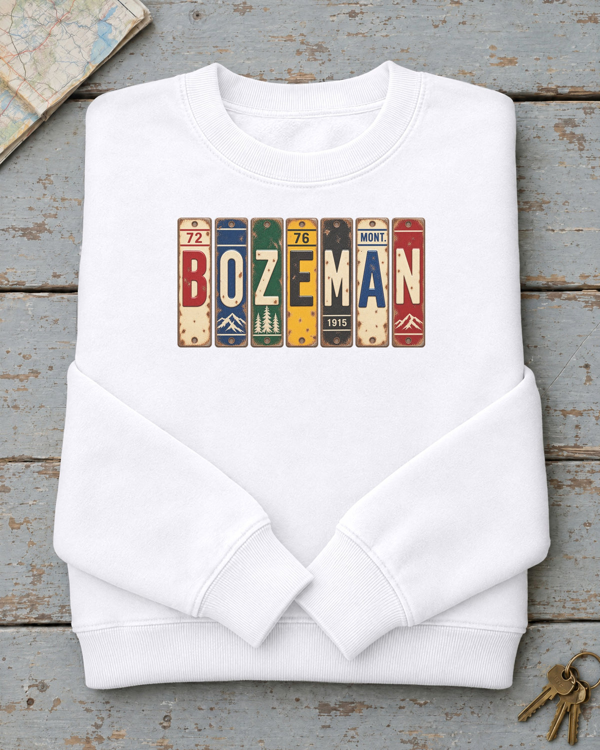 Bozeman, Montana vintage license plate sweatshirt in White