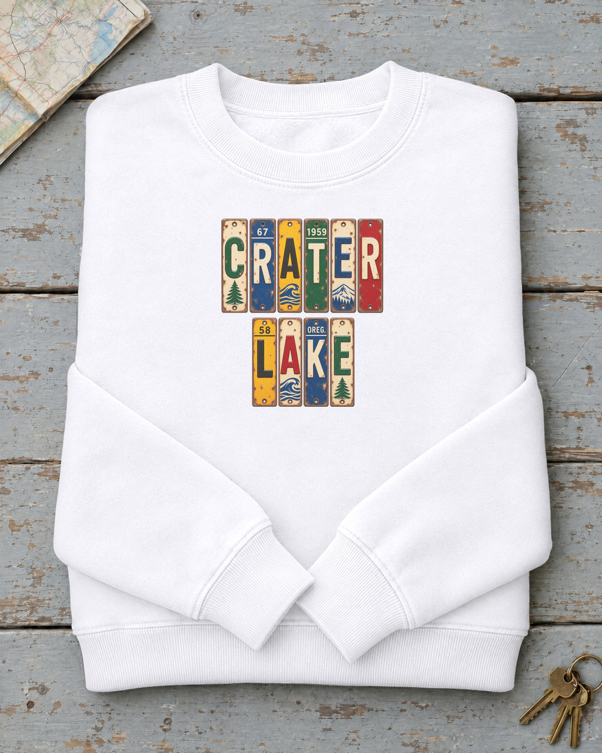 Crater Lake, Oregon vintage license plate sweatshirt in White