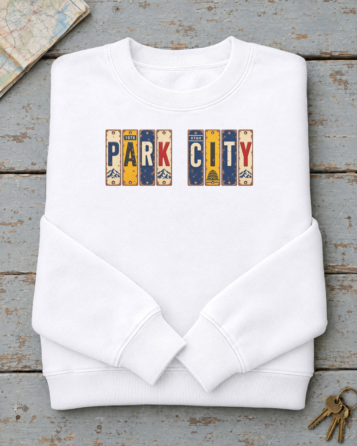 Park City, Utah vintage license plate sweatshirt in White