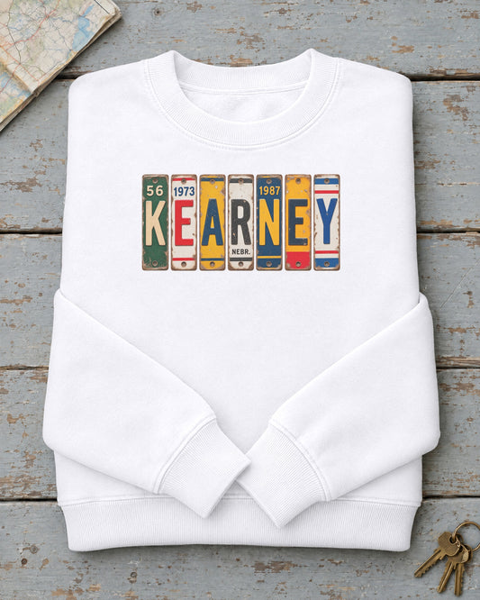 Kearney, Nebraska vintage license plate sweatshirt in White
