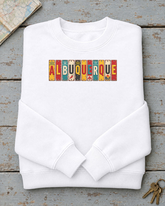 Albuquerque, New Mexico vintage license plate sweatshirt in White