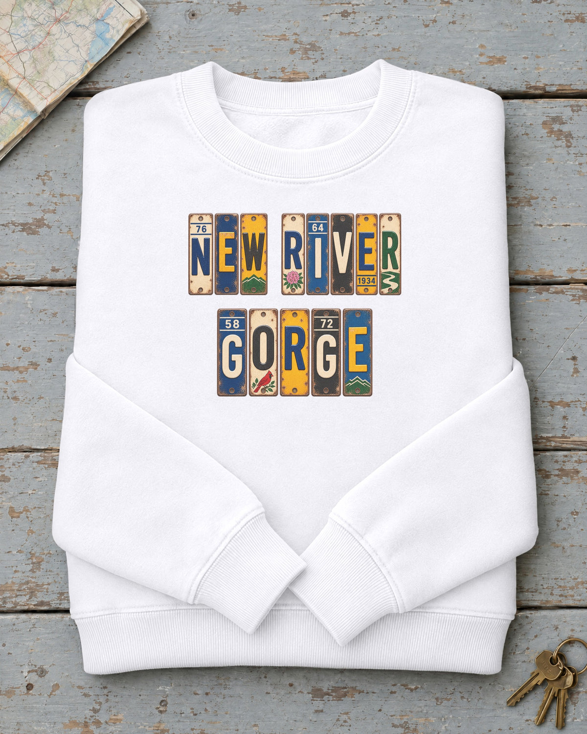 New River Gorge, West Virginia vintage license plate sweatshirt in White
