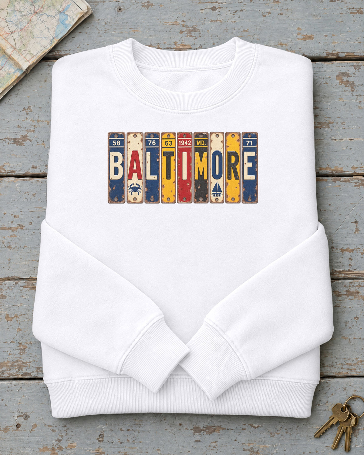 Baltimore, Maryland vintage license plate sweatshirt in White