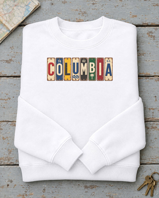Columbia, South Carolina vintage license plate sweatshirt in White