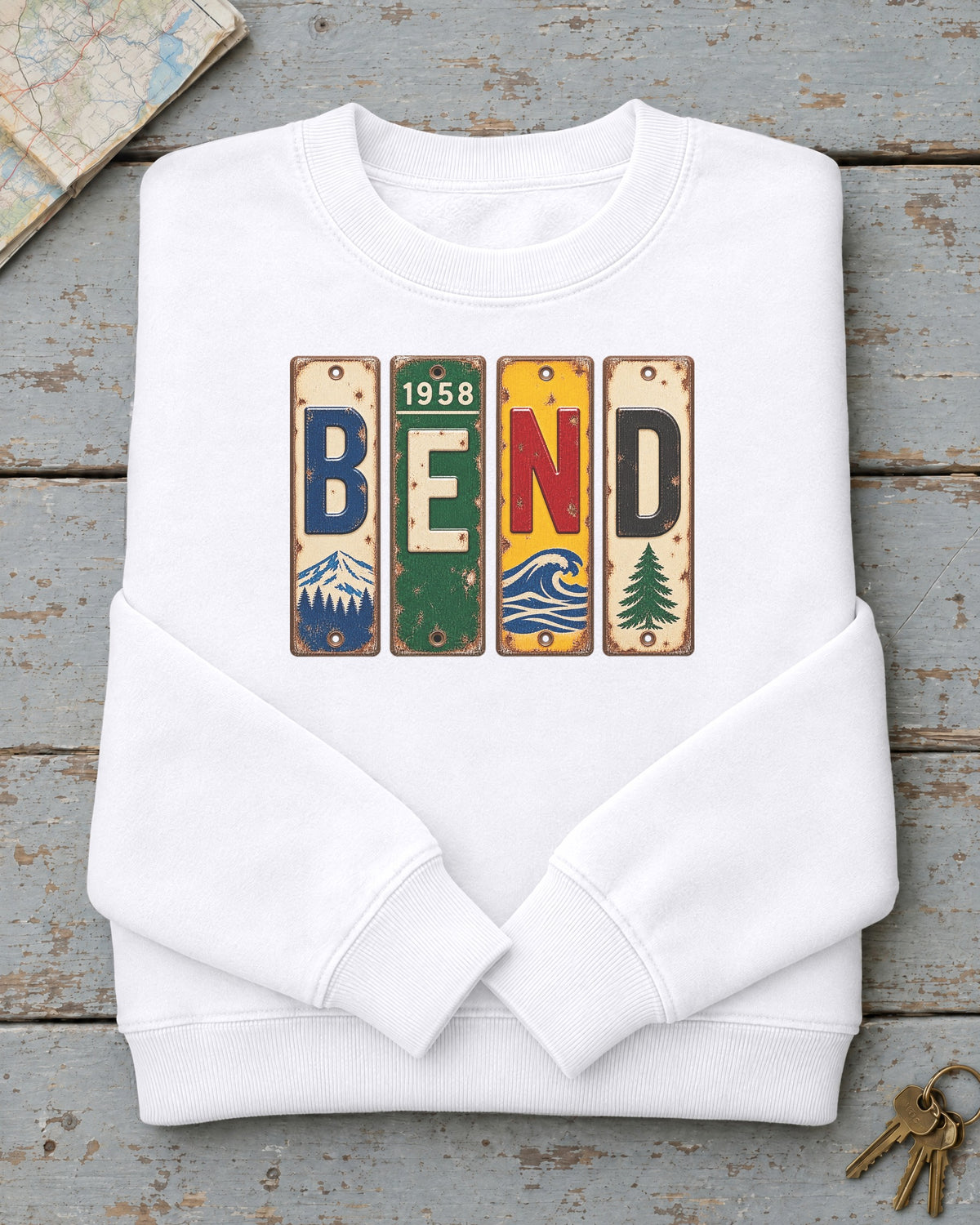 Bend, Oregon vintage license plate sweatshirt in White